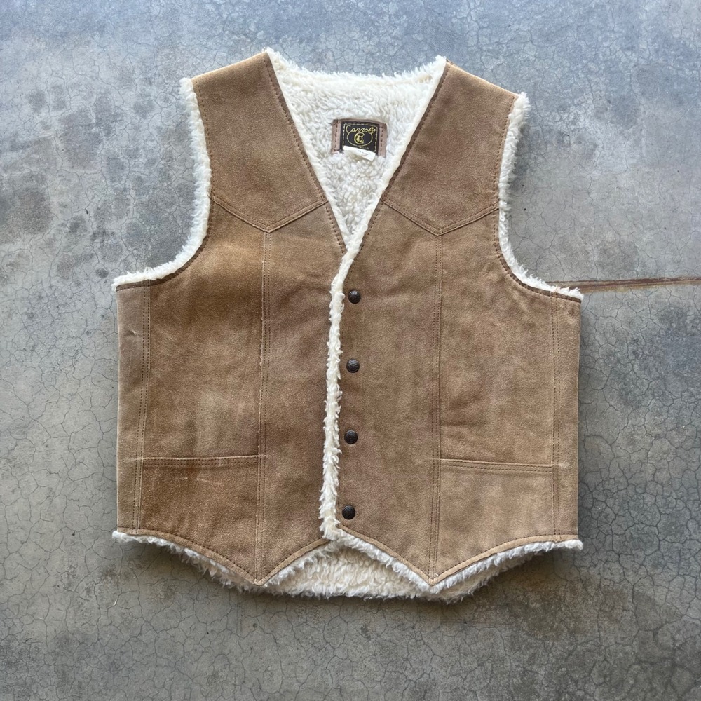 Vintage Carroll Tan Suede Leather Western Vest Faux Shearling Lined Mens Large